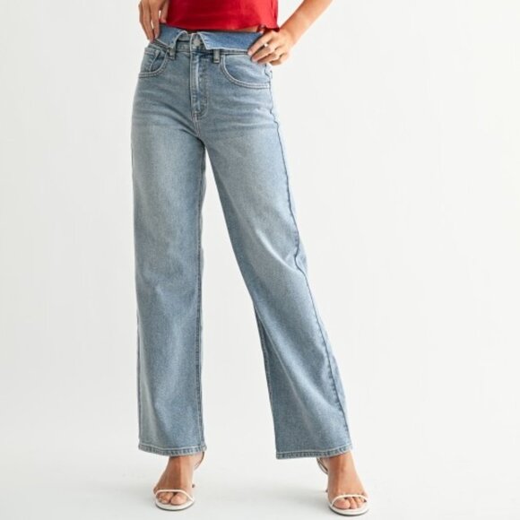 COMING SOON JBD FOLDED WAIST LIGHT WASH DENIM JEANS - Picture 1 of 3